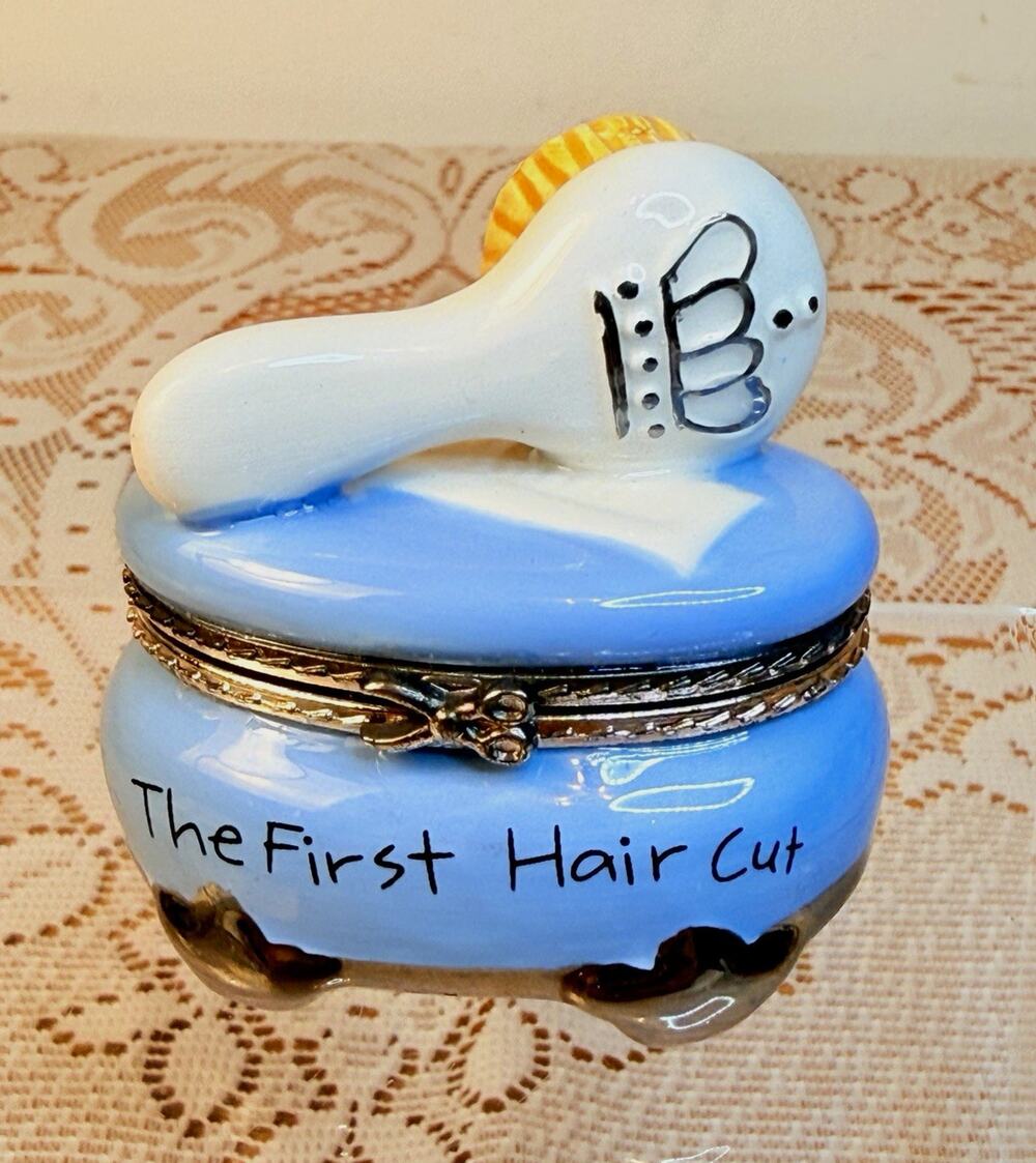 Mud Pie Hinged Trinket Box "The First Haircut of The Prince" Blue